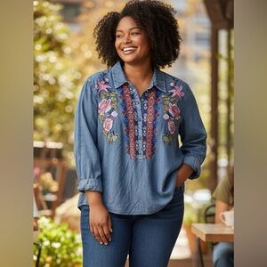 Avani Del Amour Button Up Shirt Floral Embroidered Blue Chambray Womens 2XL Boho